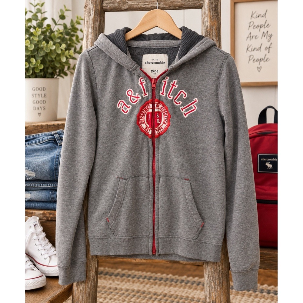 Abercrombie Kids Boys 15/16 Gray Full Zip Hoodie Embroidered Varsity Logo